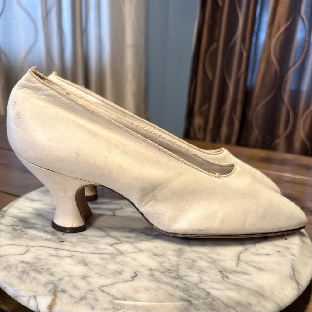 NOS Antique VTG Victorian White Kid Leather Louis Wedding Bride Heels Shoes Sz 8